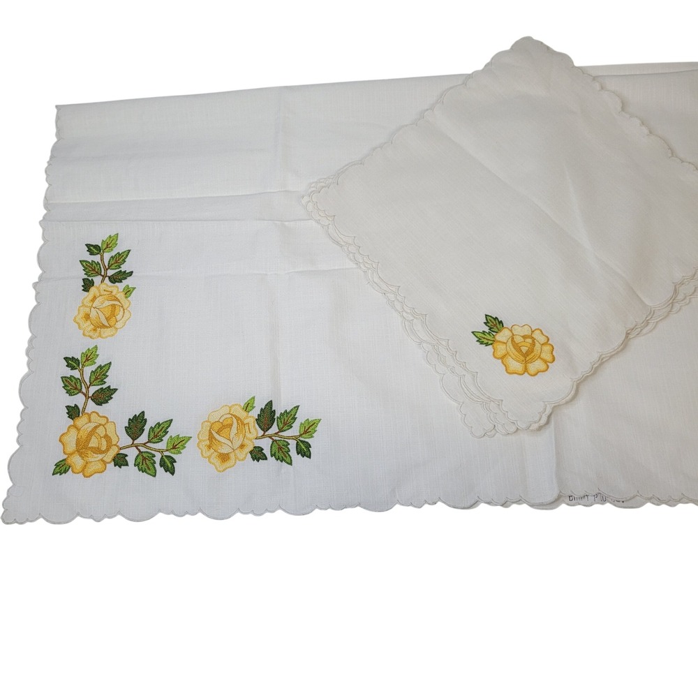 Embroidered Yellow Rose Linen Napkins Set 6 Scalloped Edge Vintage Decor 34 in